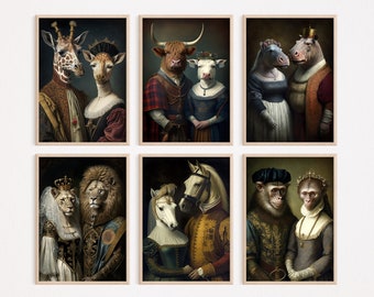 Aristocratic Animal Couples Bundle, Funny Animal Art, Renaissance Painting, Mr and Mrs, His and Hers, Bedroom Decor, Printables, AI Created