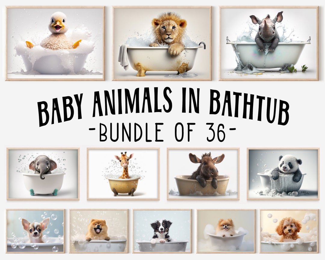 Cute Baby Animals in Bathtub, Bundle of 36, Funny Animal Prints