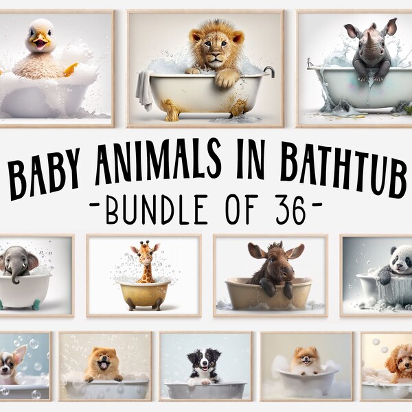 Cute Baby Animals in Bathtub, Bundle of 36, Funny Animal Prints, Bathroom Wall Decor, Cute Animal Art, Dog Printables, AI Digital Art