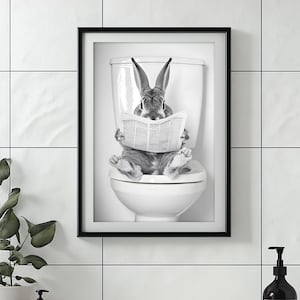 Bunny Sitting on the Toilet Reading a Newspaper, Funny Bathroom Wall Art, Retro Animals, Toilet Humor Print, Cute Rabbit, Printable AI Art