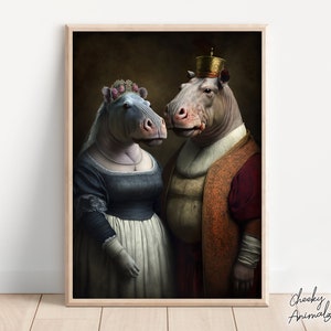 貴族のカバのカップル、面白い動物アート、ルネッサンス絵画、カバ夫妻、彼と彼女、寝室の装飾、印刷可能、AI 作成
