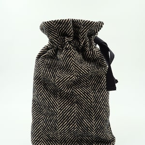 Black and Cream Herringbone Hot Water Bottle Cover, Lined & Insulated