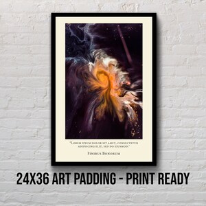 May include: Abstract art print featuring swirling colors of black, white, and orange. The print is framed in a black frame and has a white mat. The print includes a quote in black text: "Lorem ipsum dolor sit amet, consectetur adipiscing elit, sed do eiusmod." Finibus Bonorum.