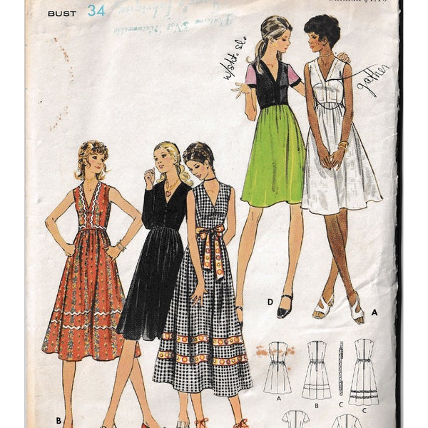 Butterick 6226 1970s Misses Dress Pattern Womens Vintage Sewing Pattern Size 12 Bust 34