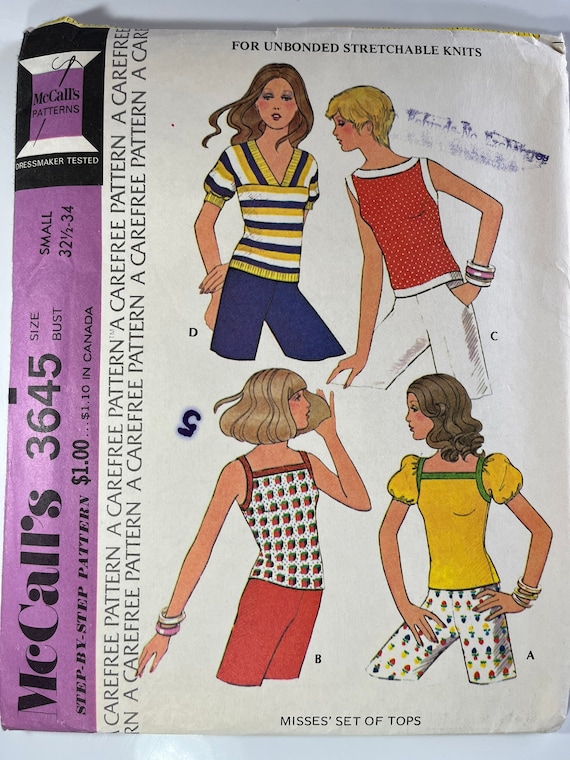 Vintage 70s Set of Tops Sewing Pattern Mccall's 3645 Size Small Bust 32 1/2  34 Uncut 