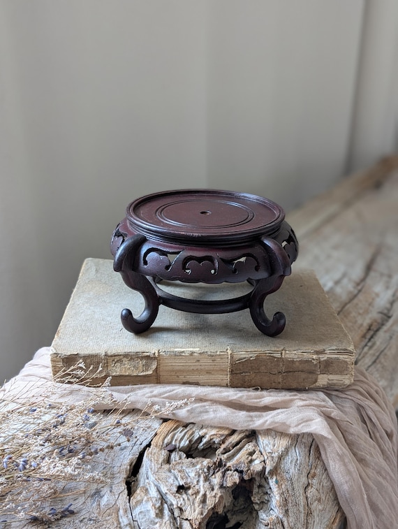 Small Vintage Mahogany Wood Plant Stand, Round Footed Display