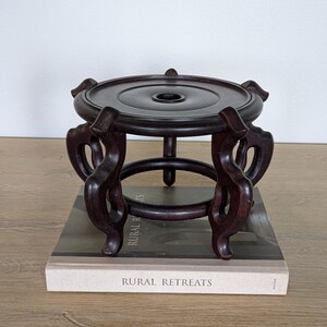 Puede incluir: Un soporte de exhibici&oacute;n de madera marr&oacute;n oscuro con una parte superior circular y patas curvas ornamentadas. El soporte mide aproximadamente 15 cm de di&aacute;metro y 10 cm de alto. Est&aacute; colocado sobre un libro titulado "Rural Retreats".