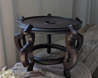 Grande portavasi vintage in legno di mogano, espositore con piedini rotondi