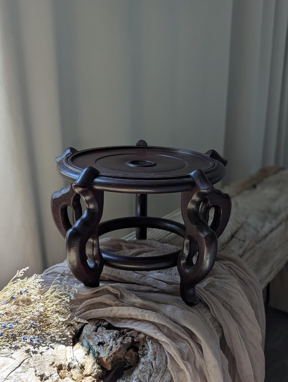 Large Vintage Mahogany Wood Plant Stand, Round Footed Display