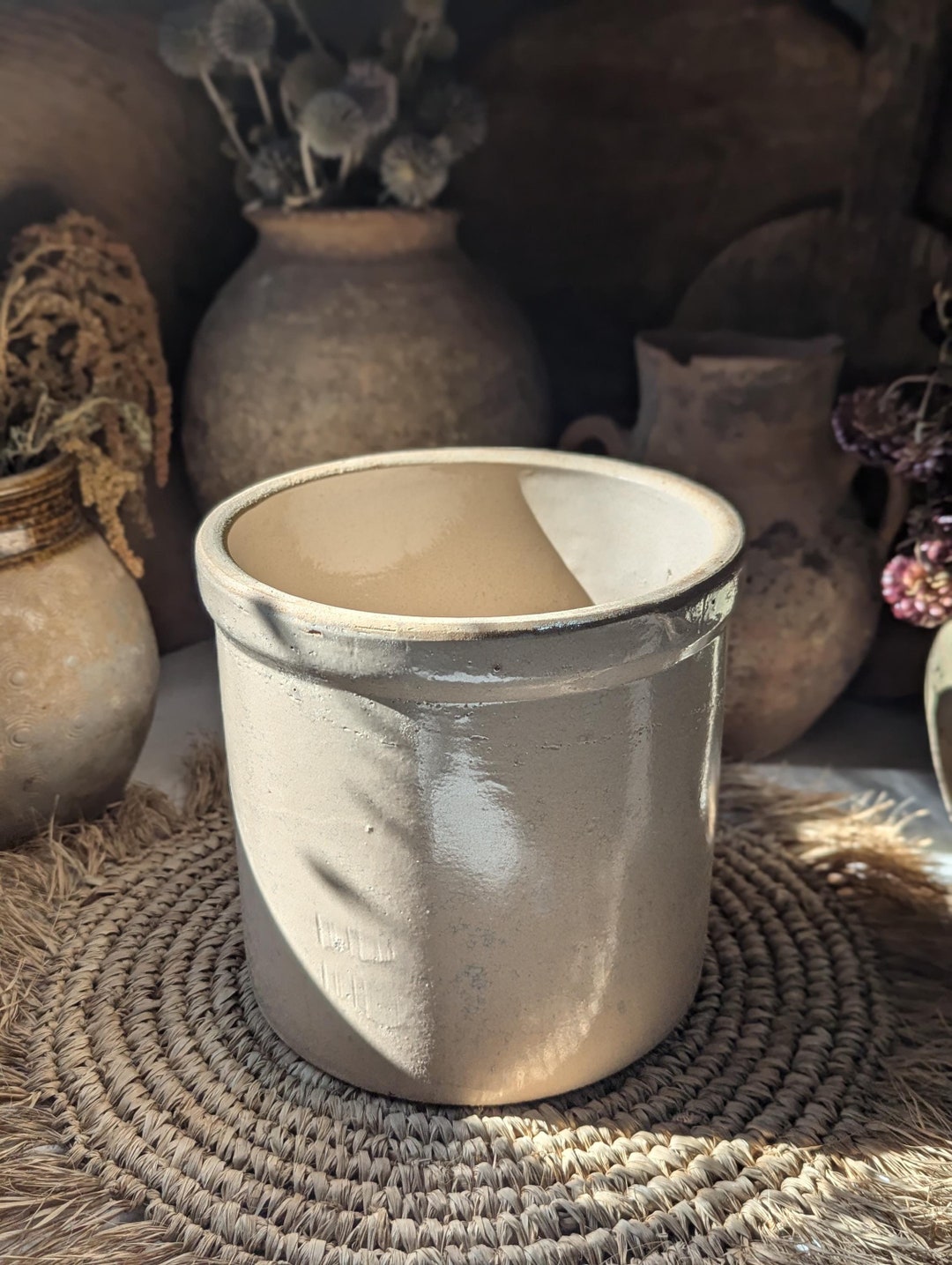 Vintage XL Stoneware Crock, Rustic Kitchen Utensil Holder, Rustic ...