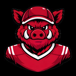 May include: A red and white illustration of a razorback hog wearing a red baseball cap and jersey. The hog has an angry expression with white tusks and a white collar. The background is black.