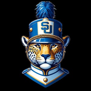 May include: A digital illustration of a jaguar wearing a blue and gold marching band uniform and hat. The hat has the letters "SJ" on it. The jaguar has a serious expression and is set against a black background.