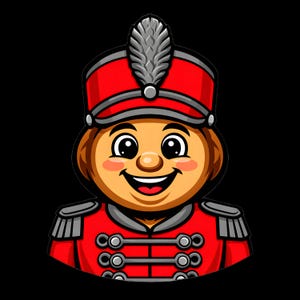 May include: A cartoon illustration of a smiling person in a red military-style uniform and hat with a silver feather. The character has a light skin tone, rosy cheeks, and a large, friendly smile. The background is solid black.