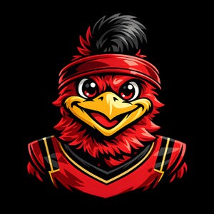 May include: A cartoon illustration of a red bird with a smiling expression. The bird has a red headband, a black and gray tuft of hair, and a red and black uniform. The background is solid black.