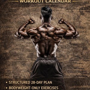 May include: A fitness-themed graphic with the text "28-DAY MILITARY CALISTHENICS WORKOUT CALENDAR." The image features a muscular person flexing, with text below stating "Structured 28-Day Plan," "Bodyweight-Only Exercises," and "No Equipment Required."