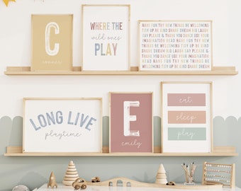 Personalized Sibling Initial Wall Art: Rainbow Playroom Decor (Digital Download)