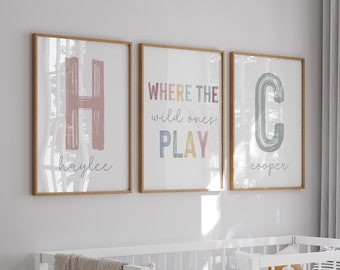 Personalized sibling wall art, brother and sister playroom poster, rainbow playroom sign, where the wild ones play sign