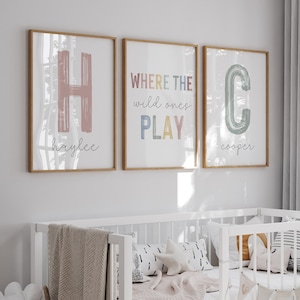Personalized sibling wall art, brother and sister playroom poster, rainbow playroom sign, where the wild ones play sign