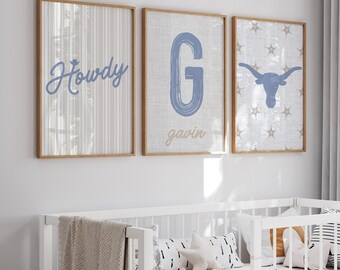 Western Nursery set of three prints, Personalized Beige & Light Blue Cowboy nursery wall art