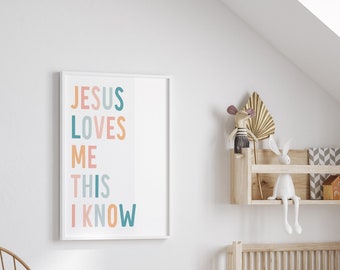 Pastel Jesus Loves me this i know,  Church nursery decor, Rainbow toddler christian word art, Sunday school poster, christian preschool