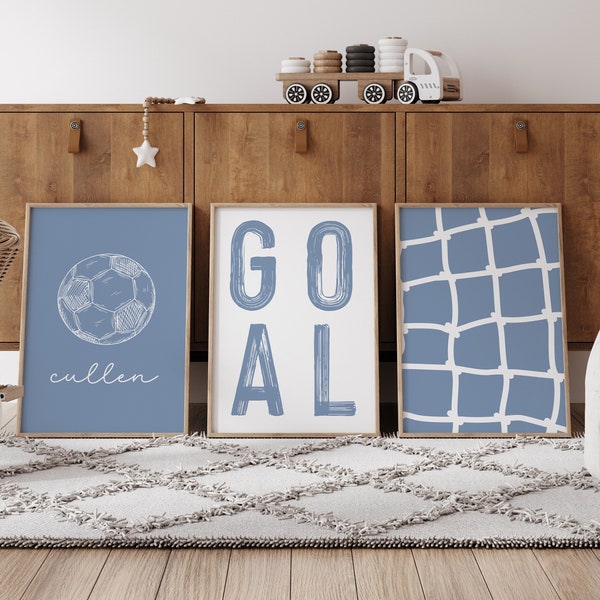 Personalized soccer wall art set of three prints, light blue soccer poster for boy sports room, goal print