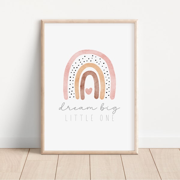 Dream big little one watercolor boho rainbow printable for nursery, minimalist pink rainbow print for toddler girl room