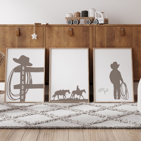 Personalisiertes Set aus drei Drucken für Cowboy-Kinderzimmer, Western-Kinderzimmer-Dekoration, Namensschild für Kinderzimmer-Jungen-Western-Poster