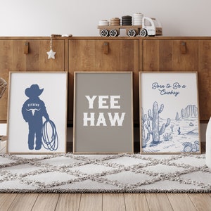 Personalized set of three prints for cowboy themed nursery, blue western nursery decor, name sign for nursery boy western poster brown