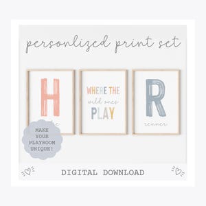 Where the wild ones play personalized sibling wall art, brother and sister playroom poster, rainbow playroom sign, set of three prints image 1