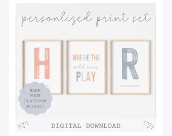 Where the wild ones play personalized sibling wall art, brother and sister playroom poster, rainbow playroom sign, set of three prints