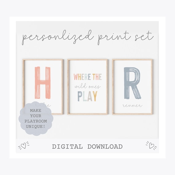 Where the wild ones play personalized sibling wall art, brother and sister playroom poster, rainbow playroom sign, set of three prints
