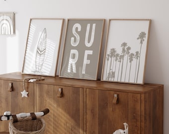Beachy room decor set of three prints, Surf nursery decor, surf wave, nursery gallery wall art for boy, beige wall art for boys room