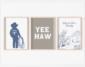Personalized set of three prints for cowboy themed nursery, blue western nursery decor, name sign for nursery boy western poster brown