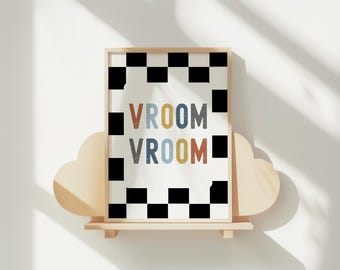 Checkered Race Car Nursery Print: Vroom Vroom Racing Theme (Digital Download)