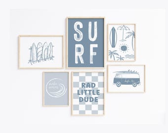 Decoración de habitación infantil con temática de surf, decoración con temática de furgoneta de surf, arte de pared de galería para habitación infantil de niño, arte de pared azul para habitación de niño, juego de seis impresiones, bebé surfero