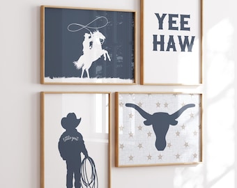 Blue cowboy nursery set of four prints, western nursery decor, YEE HAW sign, longhorn, gallery wall for nursery
