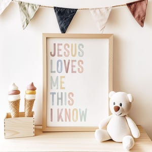 Jesus Loves me this I know,  Jesus loves you, Rainbow Church nursery decor, Christian girl wall art, Sunday school poster, God is good