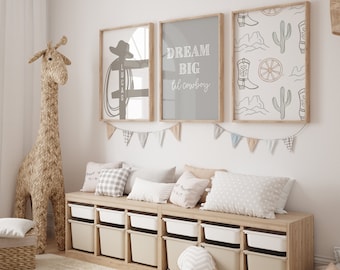 Conjunto personalizado de tres impresiones para guardería de vaqueros, decoración de guardería del oeste, cartel con nombre para guardería de niño, póster del oeste, sueña en grande, pequeño.
