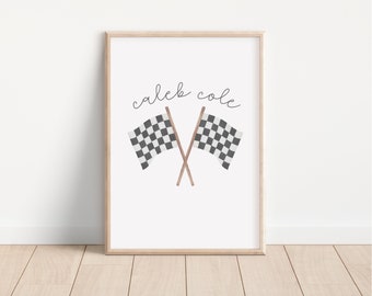 Personalized name print for race car nursery, race car party decorations, customized nursery name sign, race flag print