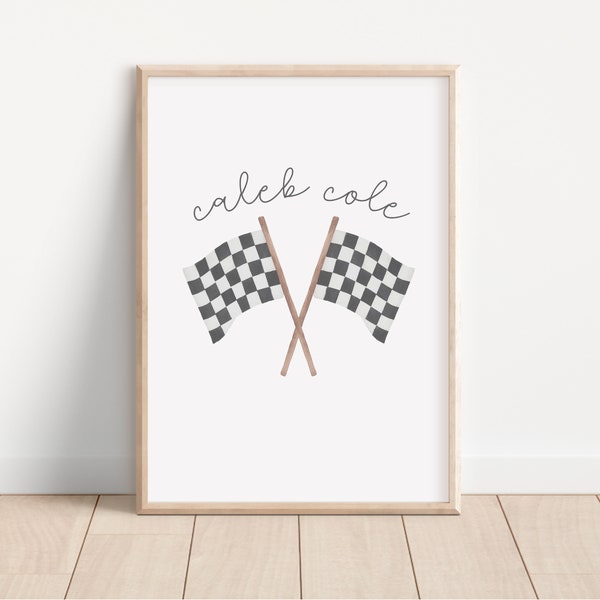 Personalized name print for race car nursery, race car party decorations, customized nursery sign, race flag print