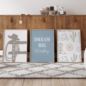Personalized set of three prints for cowboy nursery, western nursery decor, name sign for nursery boy western poster, dream big little one