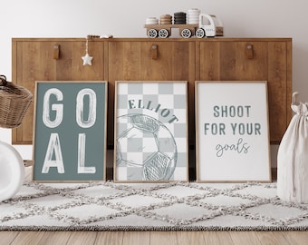 Personalized soccer wall art set of three prints, soccer poster for boy sports room, goal print, soccer birthday, boys soccer wall art