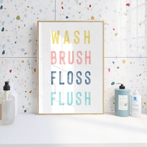Bathroom rules sign, wash brush floss flush sign, kids bathroom rules, kids bath wall art, rainbow bathroom decor for kids bath