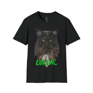 May include: Black t-shirt with a geometric design of a Maine Coon cat's head and the text "Loki MC" in green.