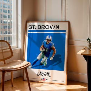Pôster de futebol americano Amon-Ra St Brown, arte de parede impressa, presente de decoração esportiva para fãs, ilustração moderna de jogador da NFL, decoração para casa ou escritório