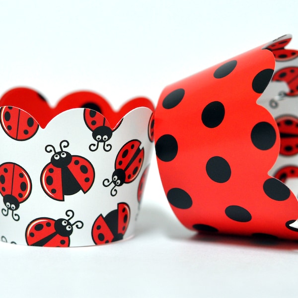 Ladybug Cupcake Wrappers for Kids Birthday Parties, Baby Showers, and School Events. Set of 24 Reversible Ladybug pattern Cup Cake wraps