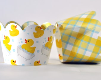 Rubber Duck Cupcake Wrappers for Gender Reveals, Baby Showers party supplies, Boy or Girl Birthday parties, gender neutral. Set of 24