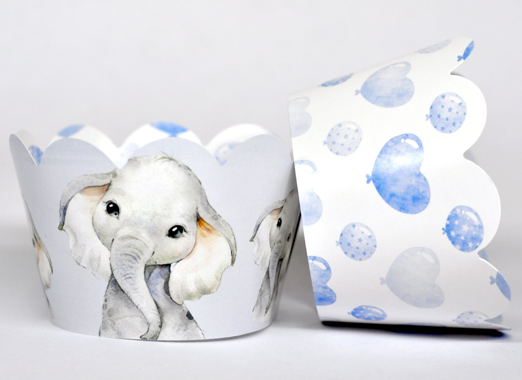 Baby Blue Elephant Cupcake Wrappers for Watercolor Animal Party Supplies Gender Reveal Oh Baby Set of 24