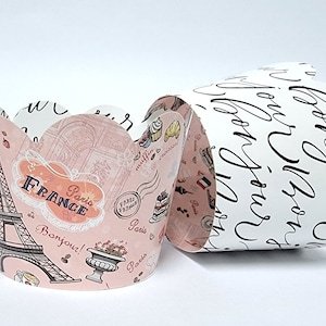 Paris Party Cupcake Wrappers: Reversible Bonjour Print, Set of 24
