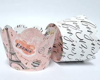 Paris Party Cupcake Wrappers: Reversible Bonjour Print, Set of 24